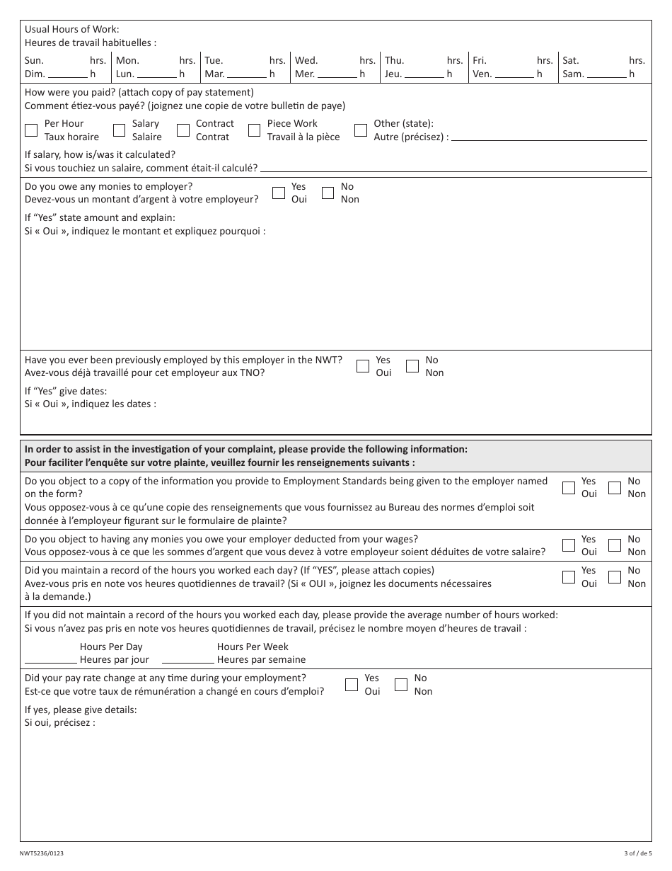 Form NWT5236 Complaint by Employee - Northwest Territories, Canada (English / French), Page 3