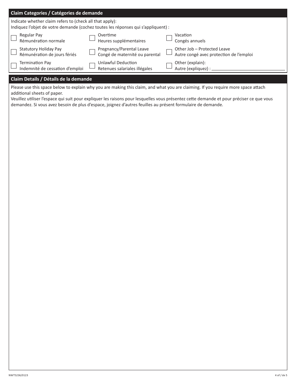 Form NWT5236 Complaint by Employee - Northwest Territories, Canada (English / French), Page 4