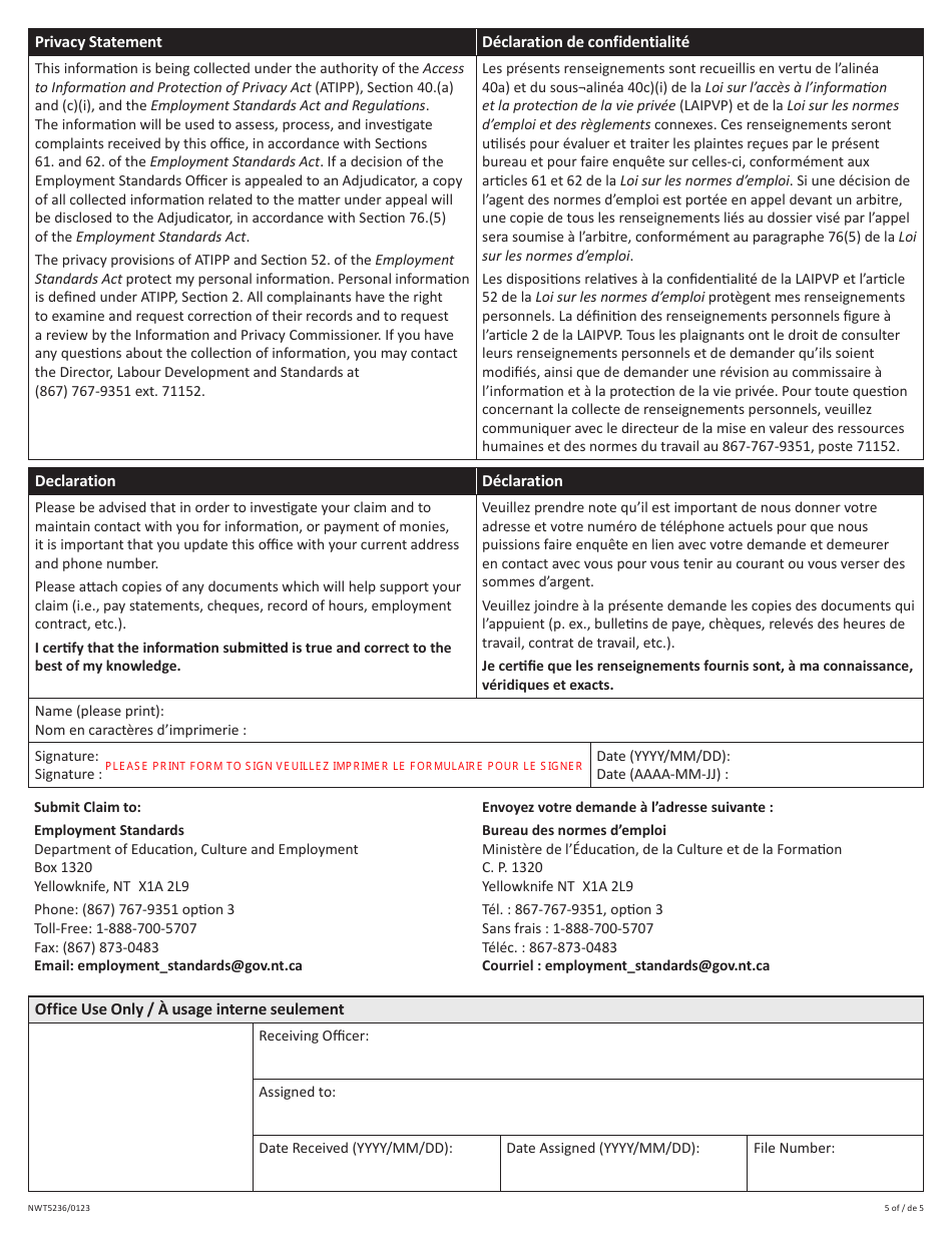 Form NWT5236 Complaint by Employee - Northwest Territories, Canada (English / French), Page 5