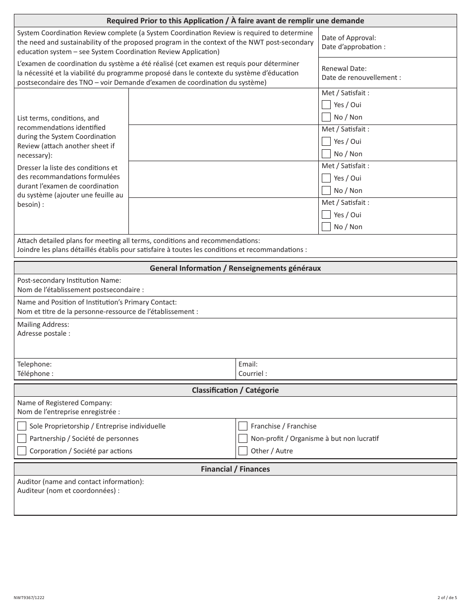 Form NWT9367 Private Training Institution and Private Vocational Training Quality Assurance Review Application and Renewal - Northwest Territories, Canada (English / French), Page 2