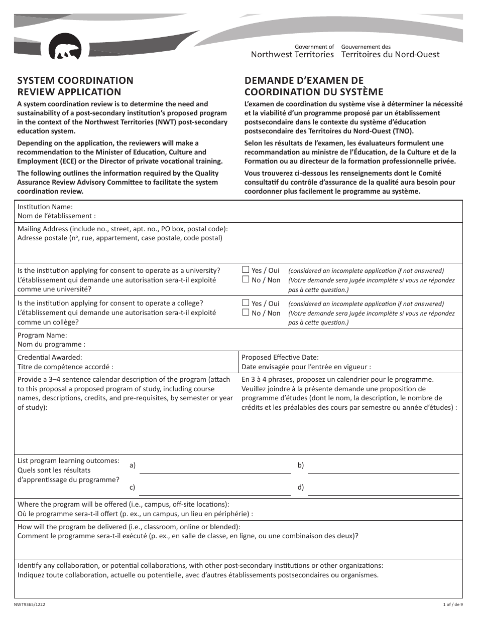 Form NWT9365 System Coordination Review Application - Northwest Territories, Canada (English / French), Page 1
