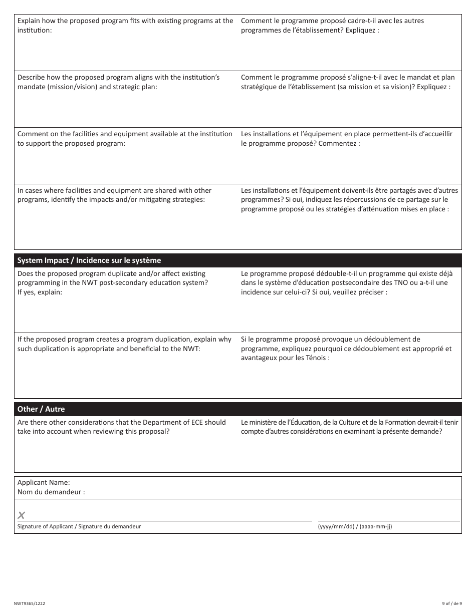 Form NWT9365 System Coordination Review Application - Northwest Territories, Canada (English / French), Page 9