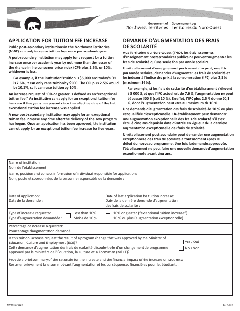 Form NWT9366 Application for Tuition Fee Increase - Northwest Territories, Canada (English/French)