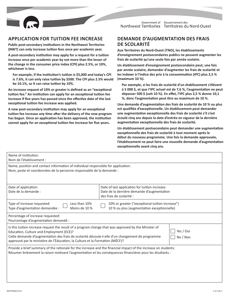Form NWT9366 Application for Tuition Fee Increase - Northwest Territories, Canada (English / French), Page 1