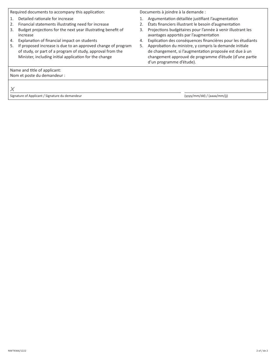 Form NWT9366 Application for Tuition Fee Increase - Northwest Territories, Canada (English / French), Page 2