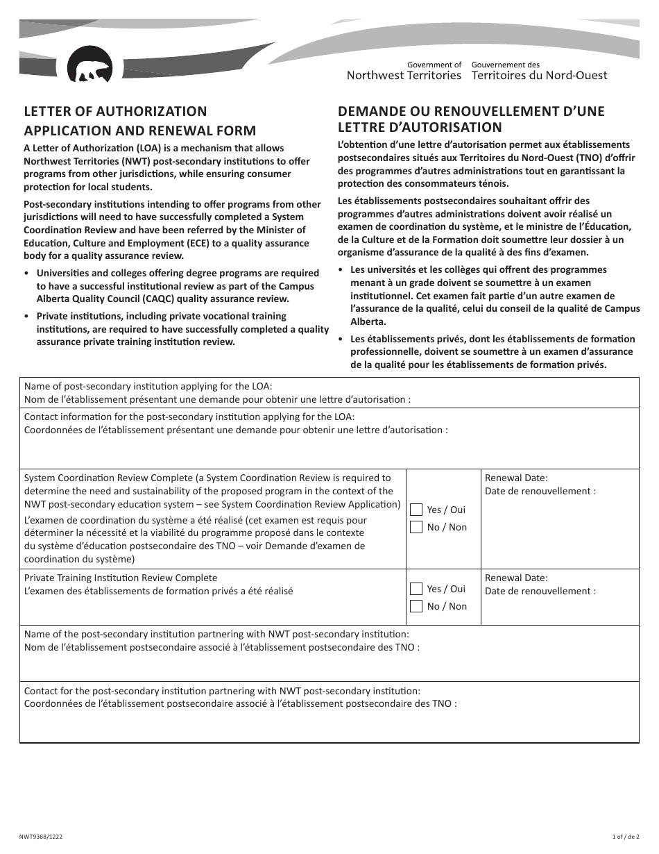 Form NWT9368 Letter of Authorization Application and Renewal Form - Northwest Territories, Canada (English / French), Page 1