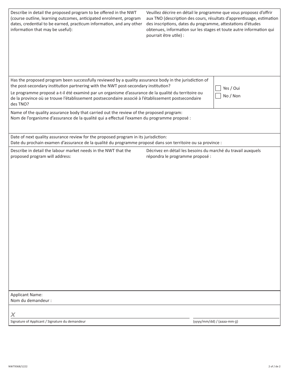 Form NWT9368 Letter of Authorization Application and Renewal Form - Northwest Territories, Canada (English / French), Page 2