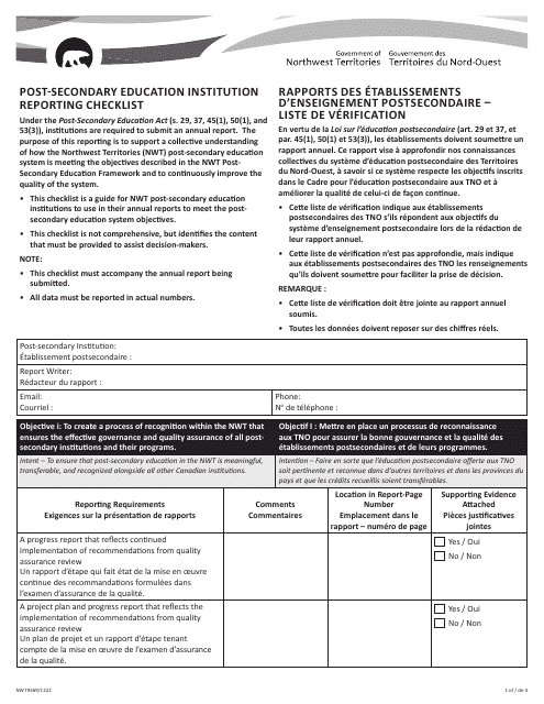 Form NWT9369 Post-secondary Education Institution Reporting Checklist - Northwest Territories, Canada (English/French)