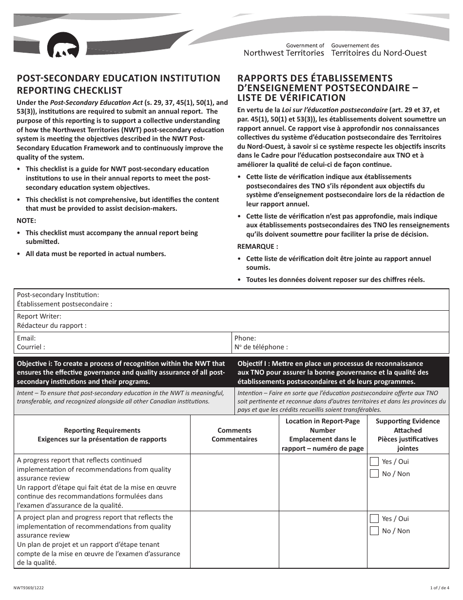 Form NWT9369 Post-secondary Education Institution Reporting Checklist - Northwest Territories, Canada (English / French), Page 1