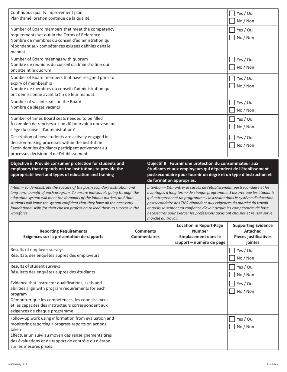 Form NWT9369 Post-secondary Education Institution Reporting Checklist - Northwest Territories, Canada (English / French), Page 2