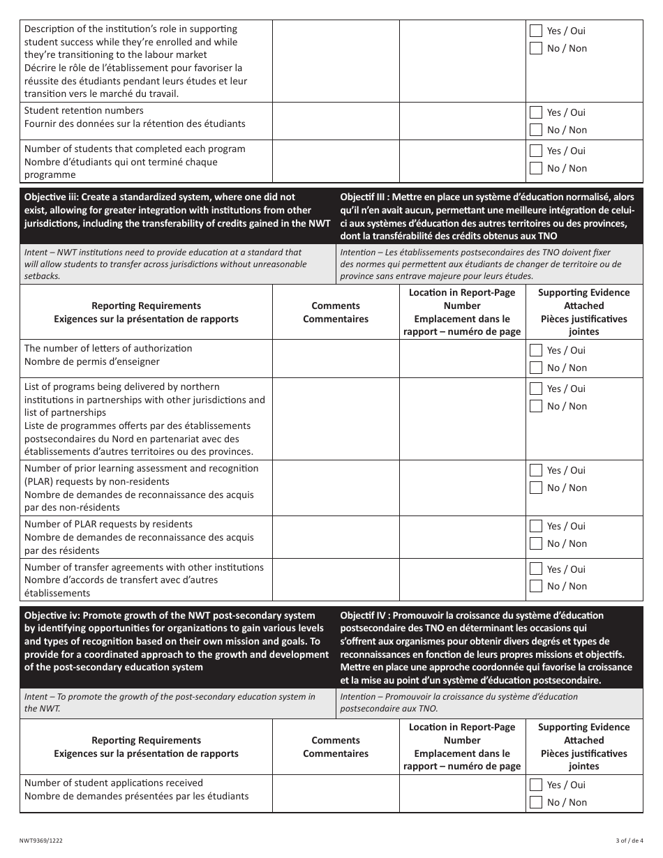 Form NWT9369 Post-secondary Education Institution Reporting Checklist - Northwest Territories, Canada (English / French), Page 3