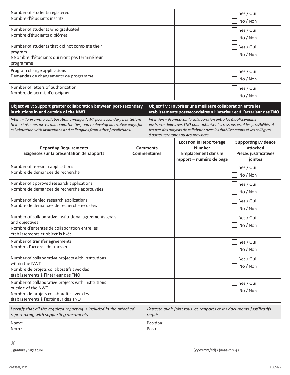 Form NWT9369 Post-secondary Education Institution Reporting Checklist - Northwest Territories, Canada (English / French), Page 4