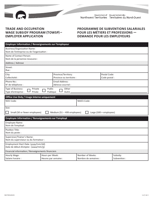 Form NWT9315 Employer Application - Trade and Occupation Wage Subsidy Program (Towsp) - Northwest Territories, Canada (English/French)