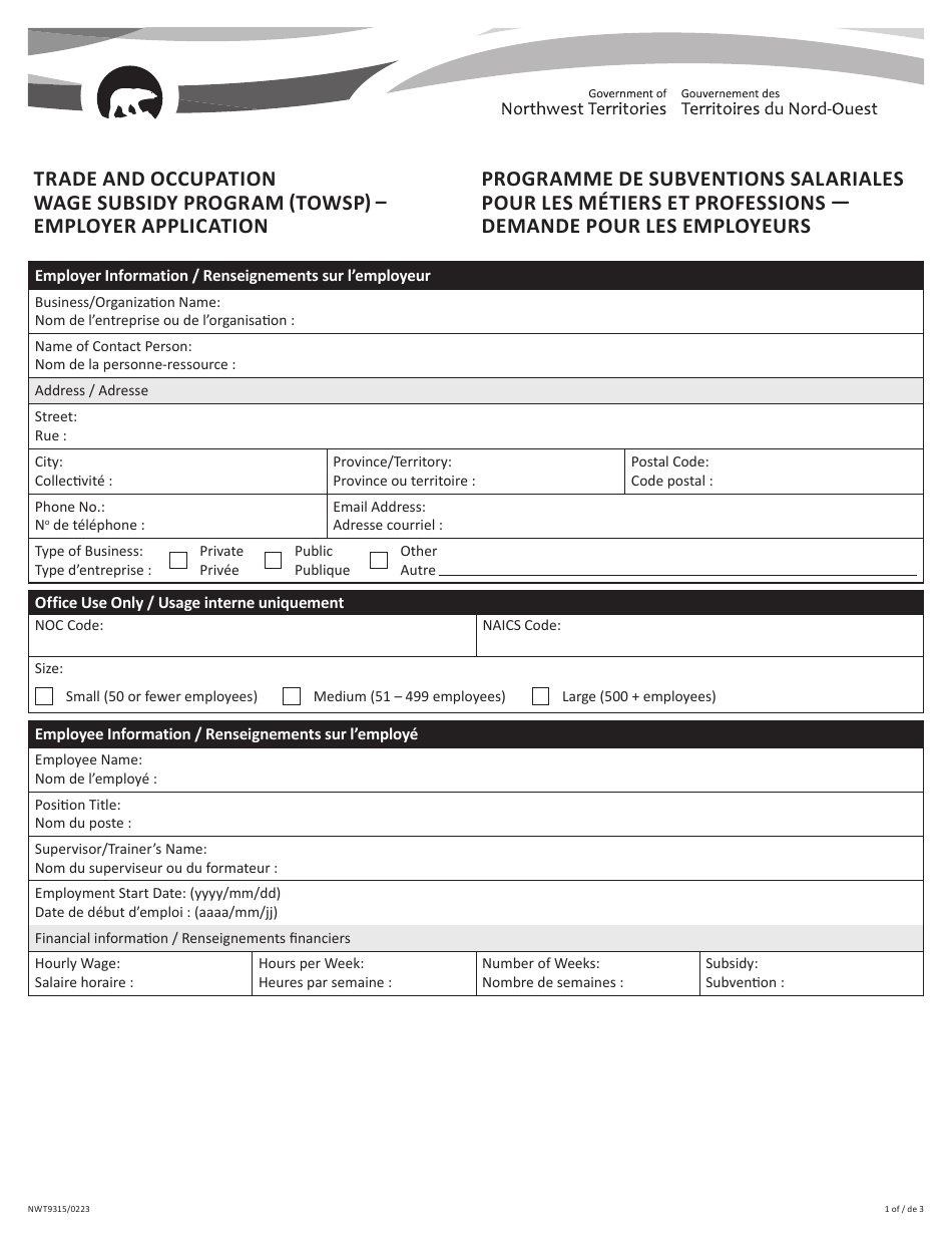 Form NWT9315 Employer Application - Trade and Occupation Wage Subsidy Program (Towsp) - Northwest Territories, Canada (English / French), Page 1