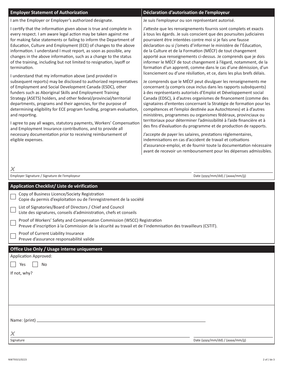 Form NWT9315 Download Printable PDF or Fill Online Employer Application