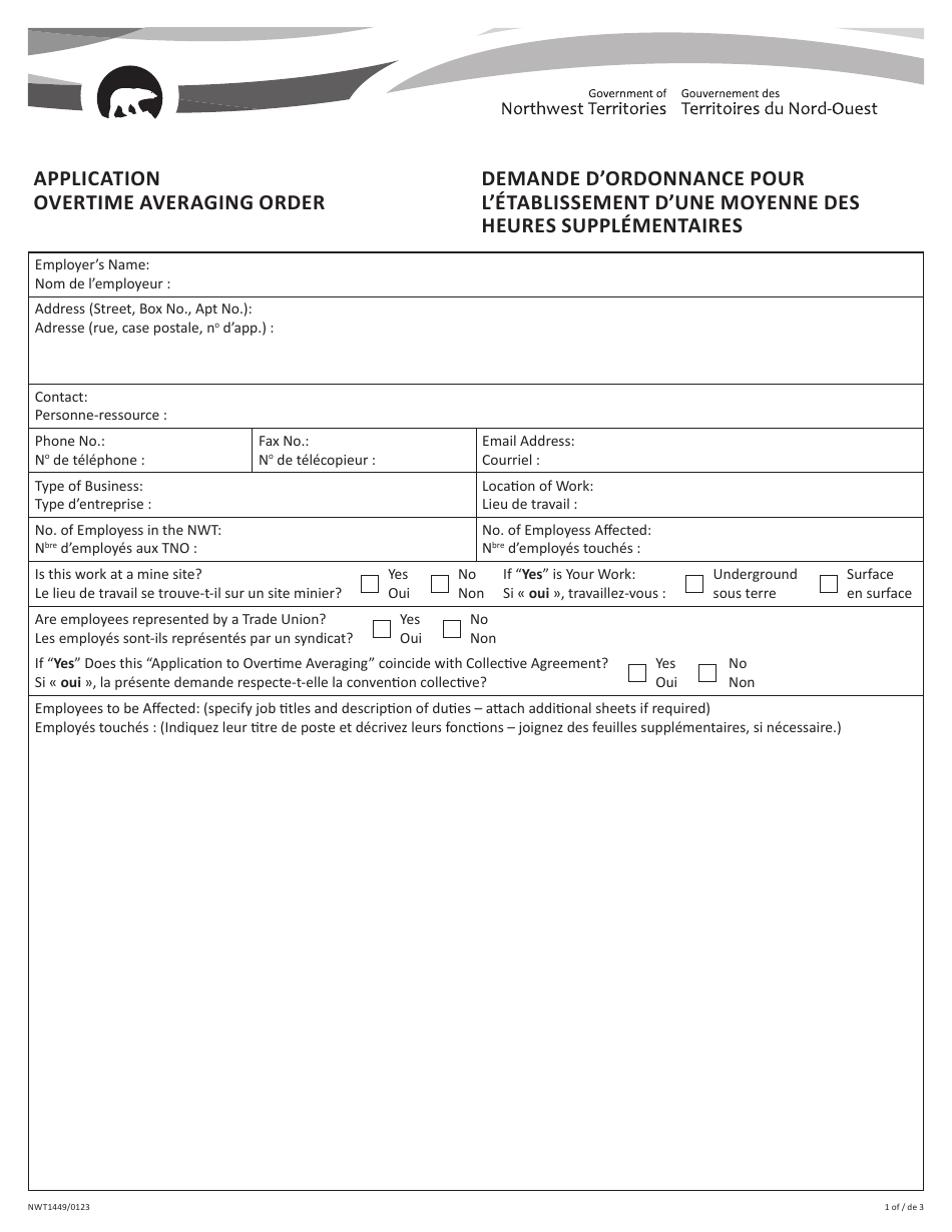 Form NWT1449 Overtime Averaging Order Application - Northwest Territories, Canada (English / French), Page 1