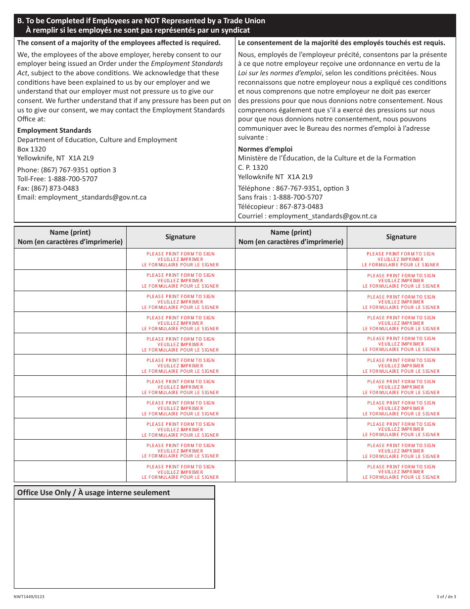 Form NWT1449 Overtime Averaging Order Application - Northwest Territories, Canada (English / French), Page 3