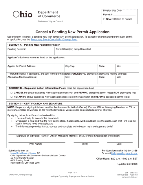 Form LIQ-19-0004 Cancel a Pending New Permit Application - Ohio