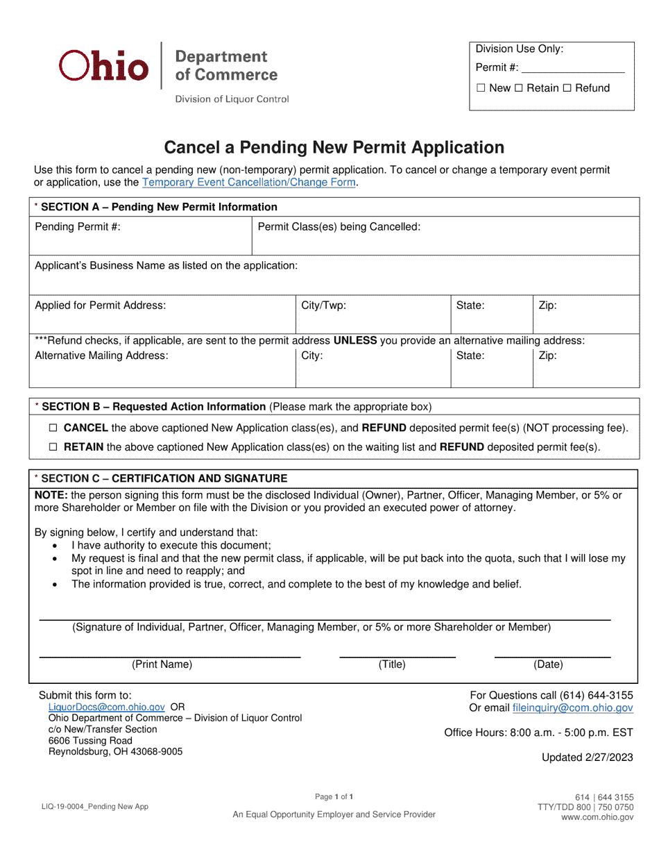 Form LIQ-19-0004 Cancel a Pending New Permit Application - Ohio, Page 1