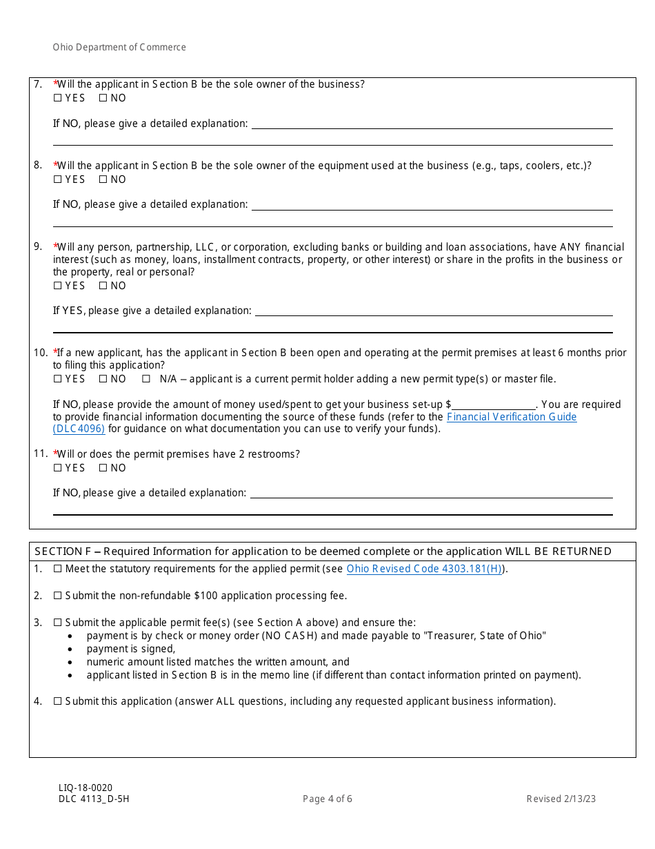 Form DLC4113_D-5H (LIQ-18-0020) Application for New D-5h Alcoholic Beverage Permit for a Nonprofit Fine Arts Museum, Community Arts Center or Community Theater - Ohio, Page 4