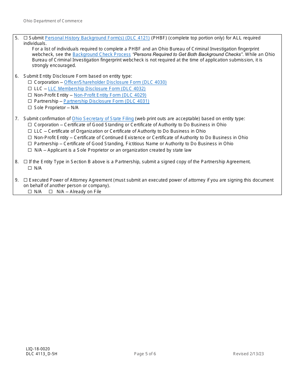 Form DLC4113_D-5H (LIQ-18-0020) Application for New D-5h Alcoholic Beverage Permit for a Nonprofit Fine Arts Museum, Community Arts Center or Community Theater - Ohio, Page 5