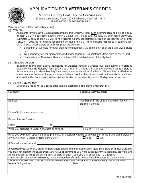 Form VC-1 Application for Veteran's Credits - Monroe County, New York
