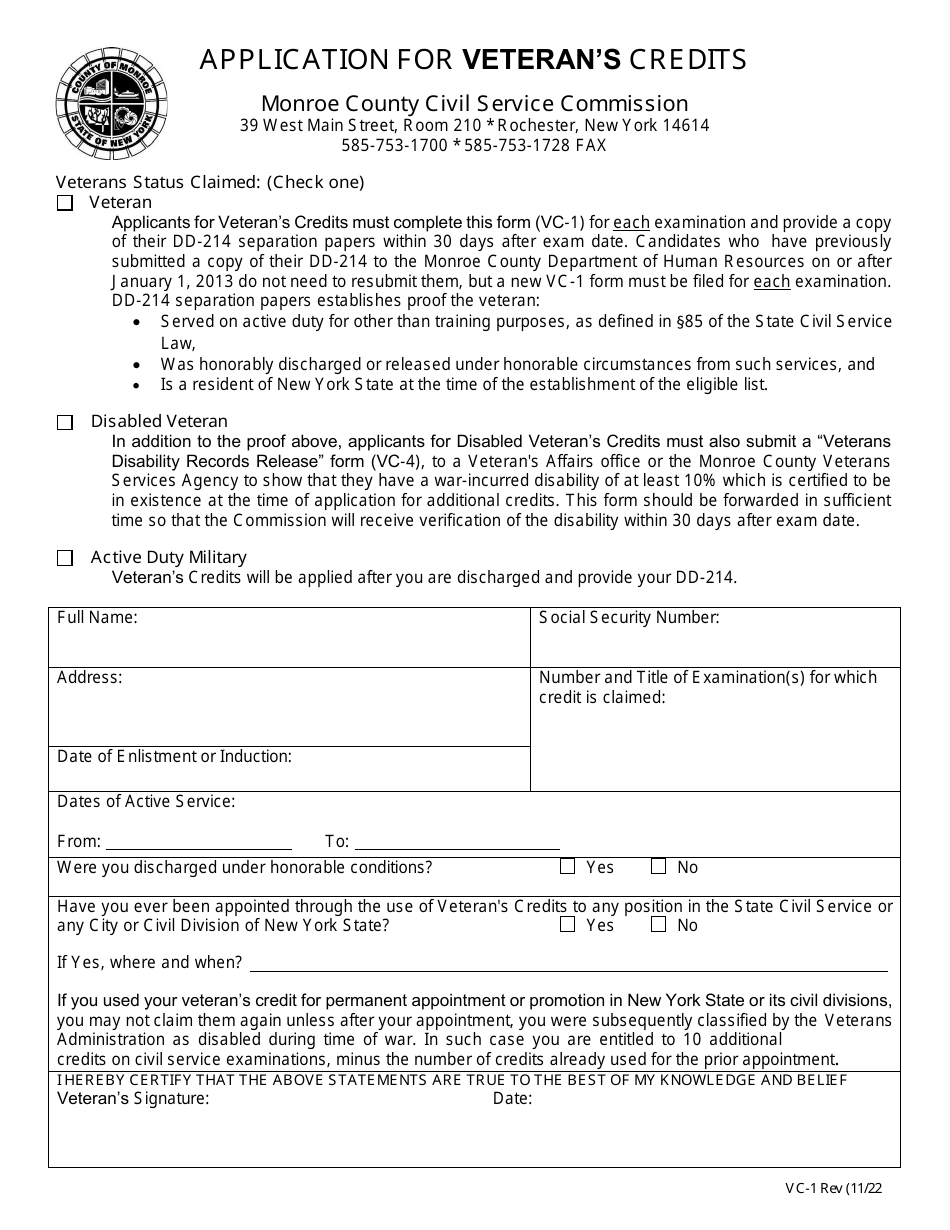 Form VC-1 Application for Veterans Credits - Monroe County, New York, Page 1