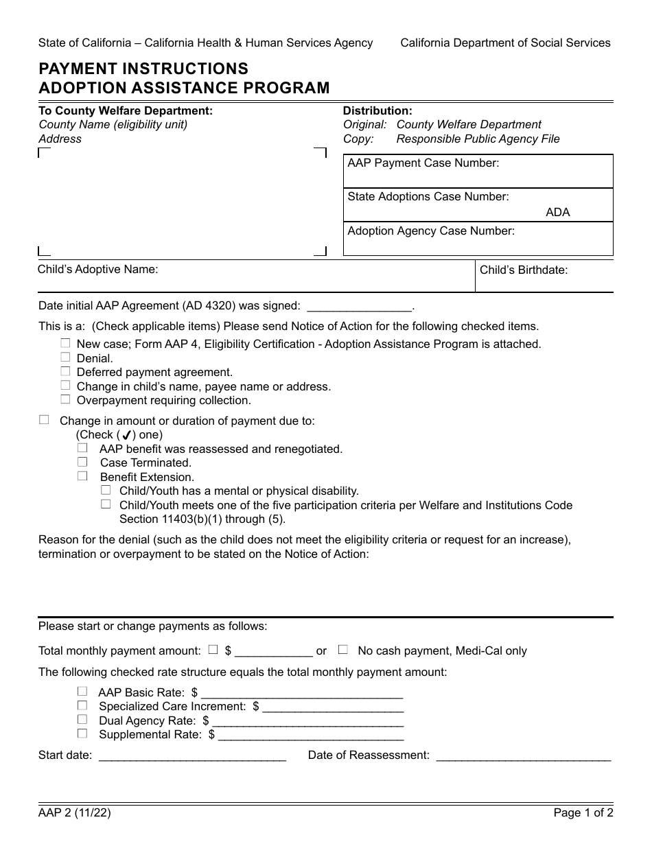 Form AAP2 Payment Instructions Adoption Assistance Program - California, Page 1