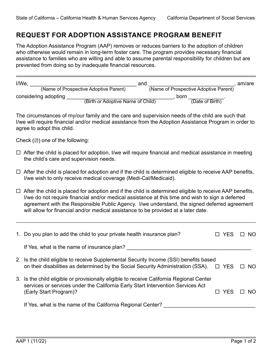 Form AAP1 Request for Adoption Assistance Program Benefit - California, Page 1