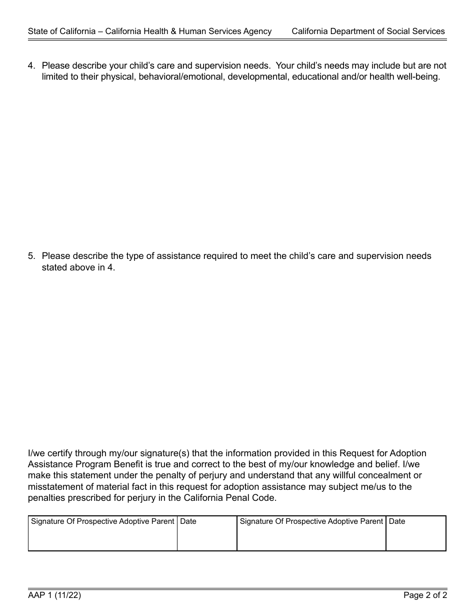 Form AAP1 Request for Adoption Assistance Program Benefit - California, Page 2
