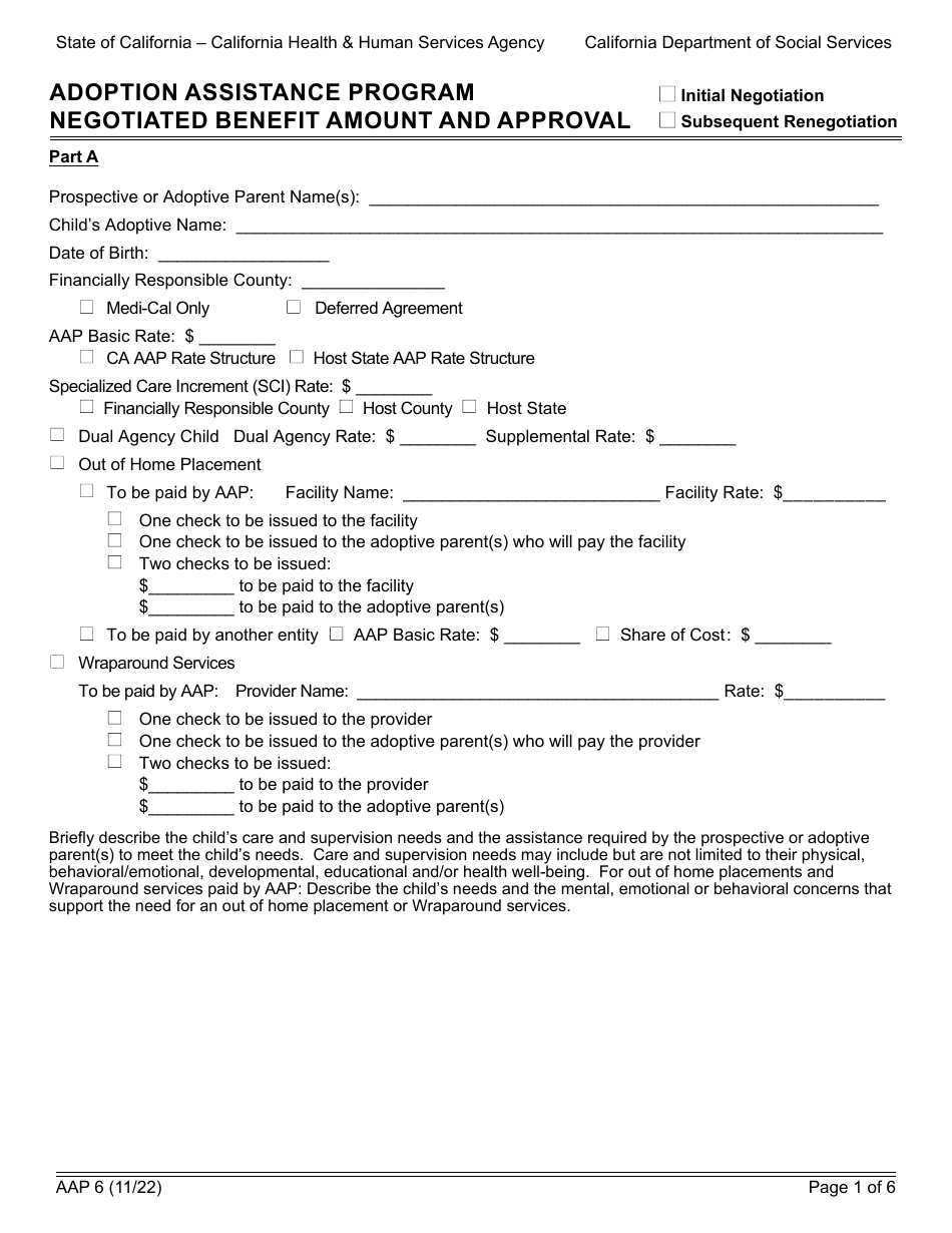 Form AAP6 Adoption Assistance Program Negotiated Benefit Amount and Approval - California, Page 1