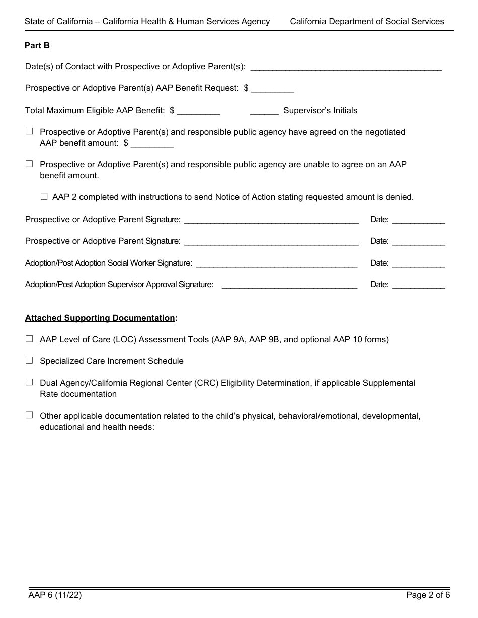 Form AAP6 Adoption Assistance Program Negotiated Benefit Amount and Approval - California, Page 2