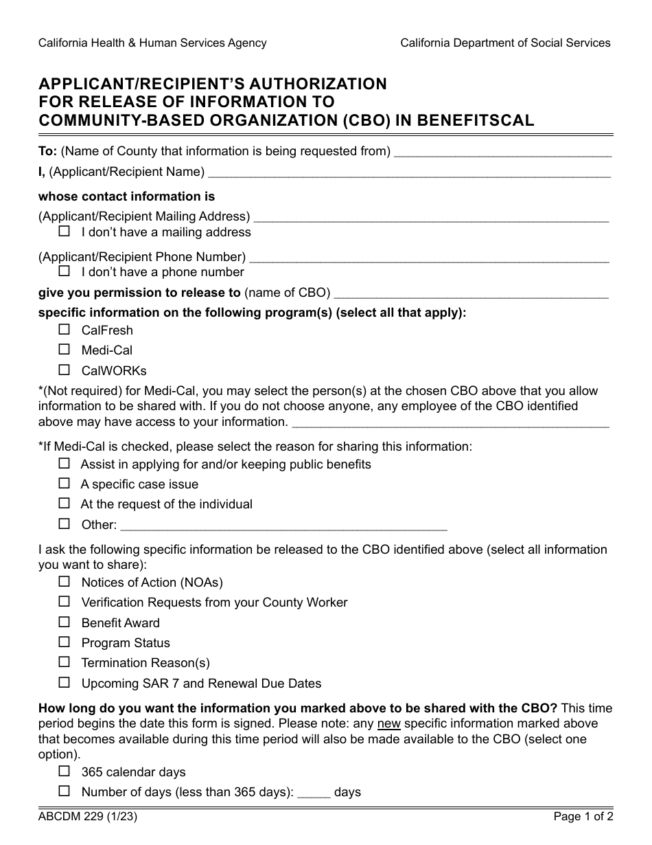Form ABCDM229 Applicant / Recipients Authorization for Release of Information to Community-Based Organization (Cbo) in Benefitscal - California, Page 1