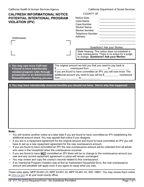 Form CF377.7H  Printable Pdf
