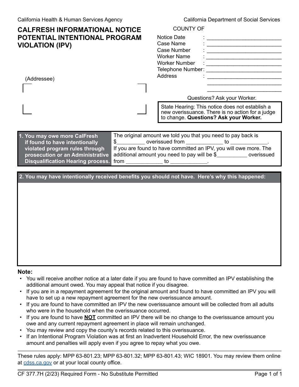 Form CF377.7H CalFresh Informational Notice - Potential Intentional Program Violation (Ipv) - California, Page 1
