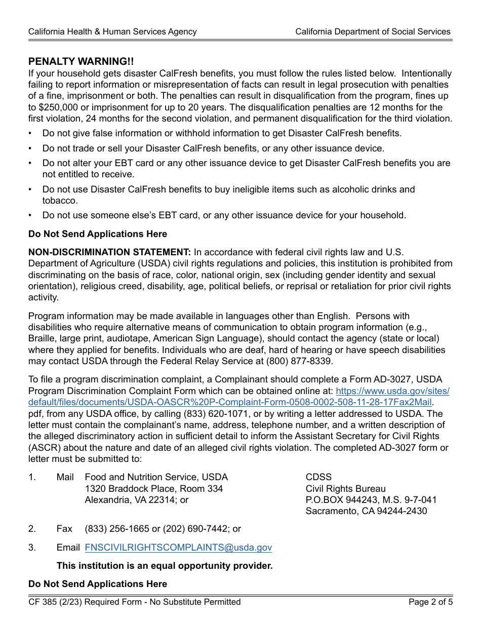 Form CF385 Application for Disaster Calfresh - California, Page 2