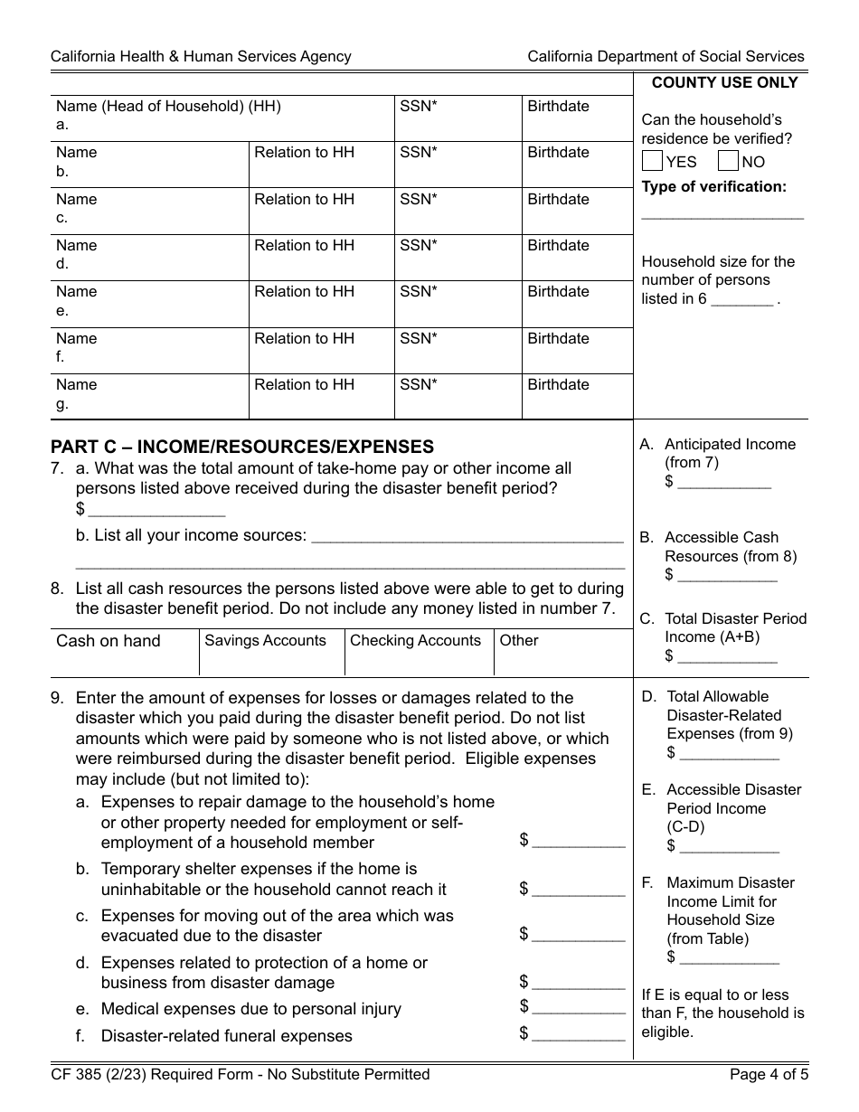 Form CF385 Application for Disaster Calfresh - California, Page 4