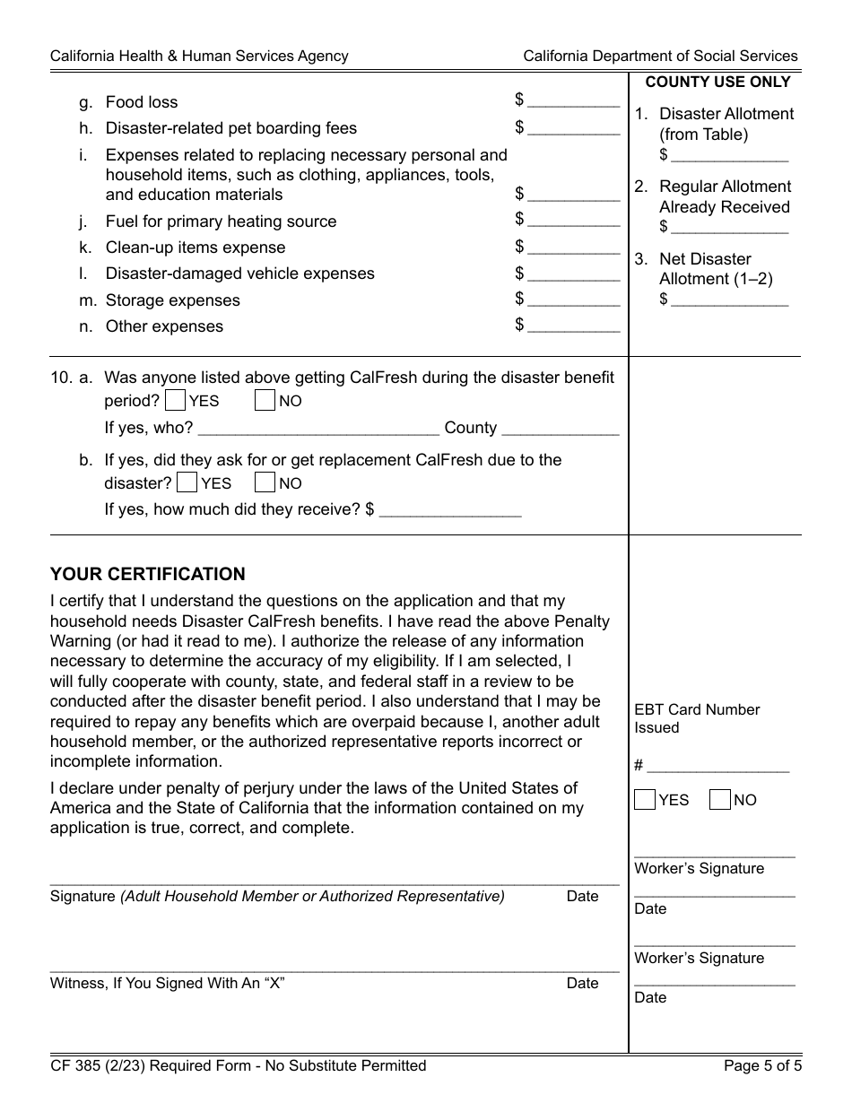 Form CF385 Application for Disaster Calfresh - California, Page 5