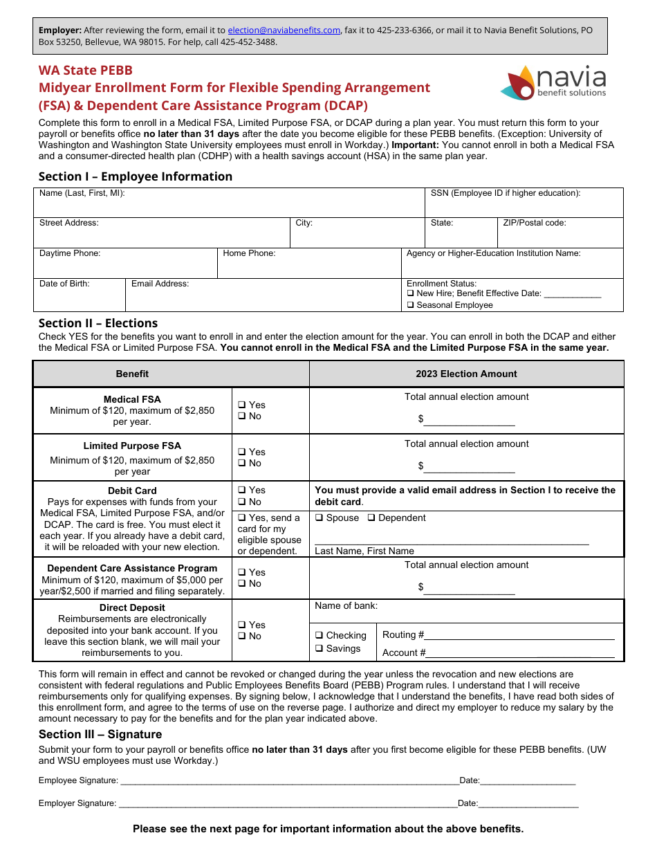 Midyear Enrollment Form for Flexible Spending Arrangement (FSA)  Dependent Care Assistance Program (Dcap) - Washington, Page 1