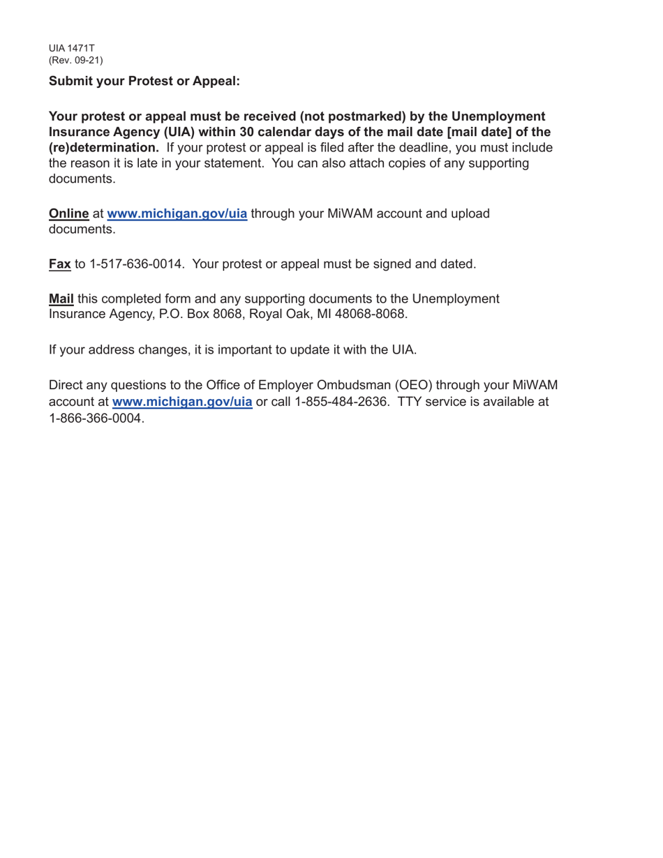 Form UIA1471T Protest / Appeal of a (Re)determination - Michigan, Page 2