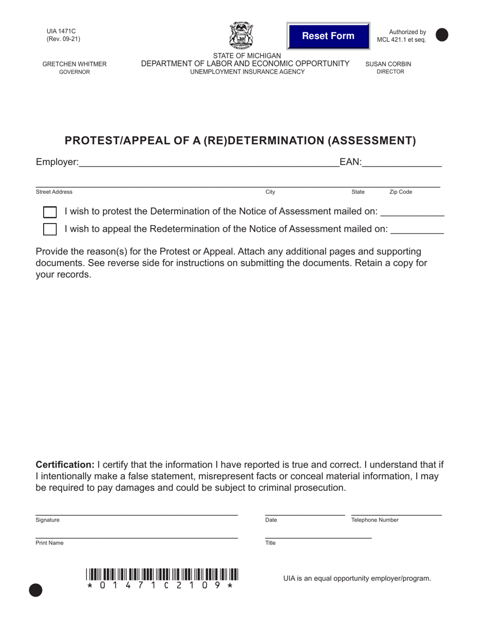 Form UIA1471C Protest / Appeal of a (Re)determination (Assessment) - Michigan, Page 1