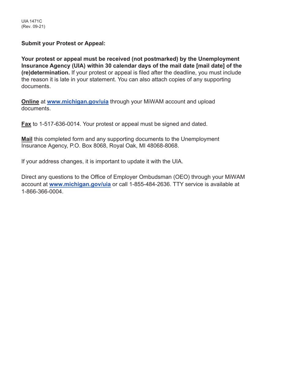 Form UIA1471C Protest / Appeal of a (Re)determination (Assessment) - Michigan, Page 2