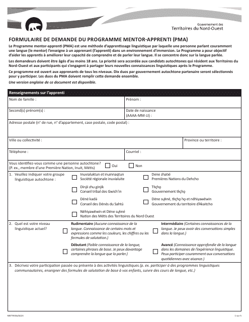 Forme NWT9356 Formulaire De Demande Du Programme Mentor-Apprenti (Pma) - Northwest Territories, Canada (French)
