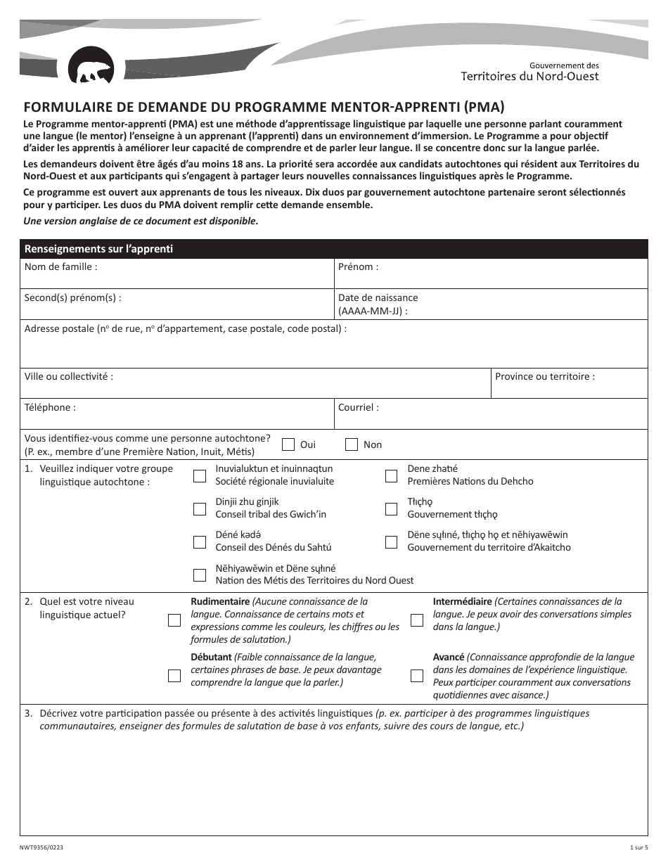 Forme NWT9356 Formulaire De Demande Du Programme Mentor-Apprenti (Pma) - Northwest Territories, Canada (French), Page 1