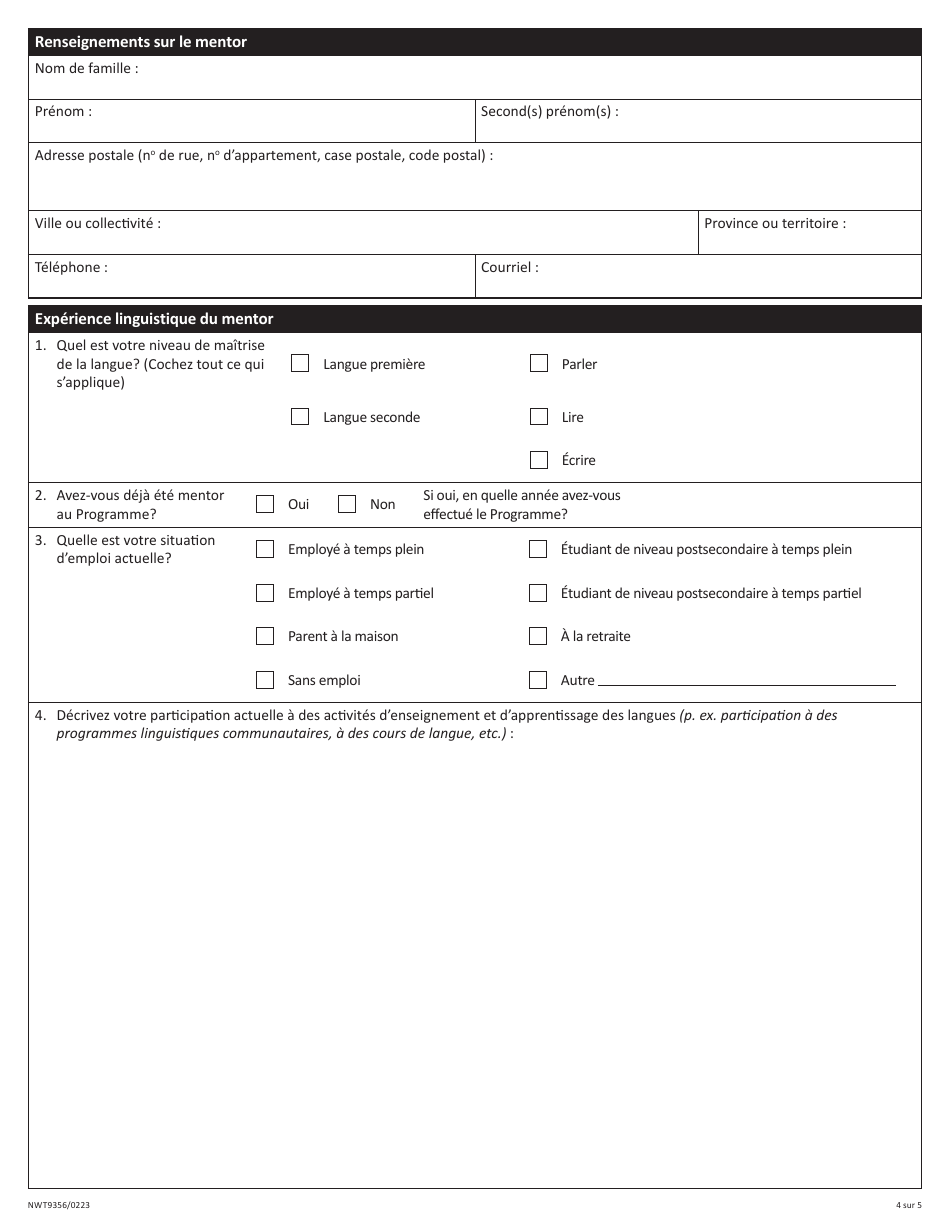 Forme NWT9356 Formulaire De Demande Du Programme Mentor-Apprenti (Pma) - Northwest Territories, Canada (French), Page 4