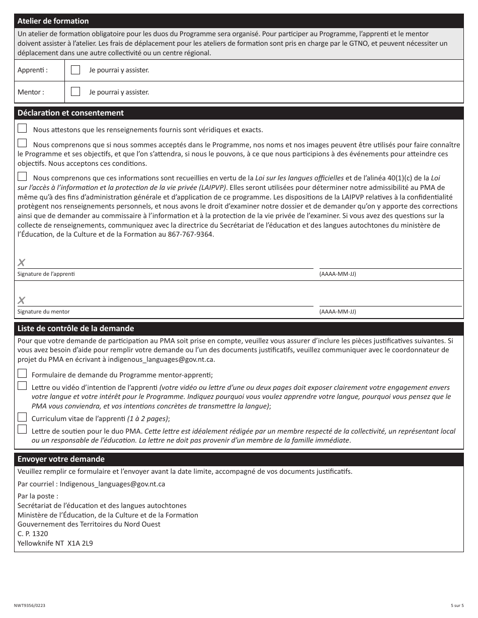 Forme NWT9356 Formulaire De Demande Du Programme Mentor-Apprenti (Pma) - Northwest Territories, Canada (French), Page 5