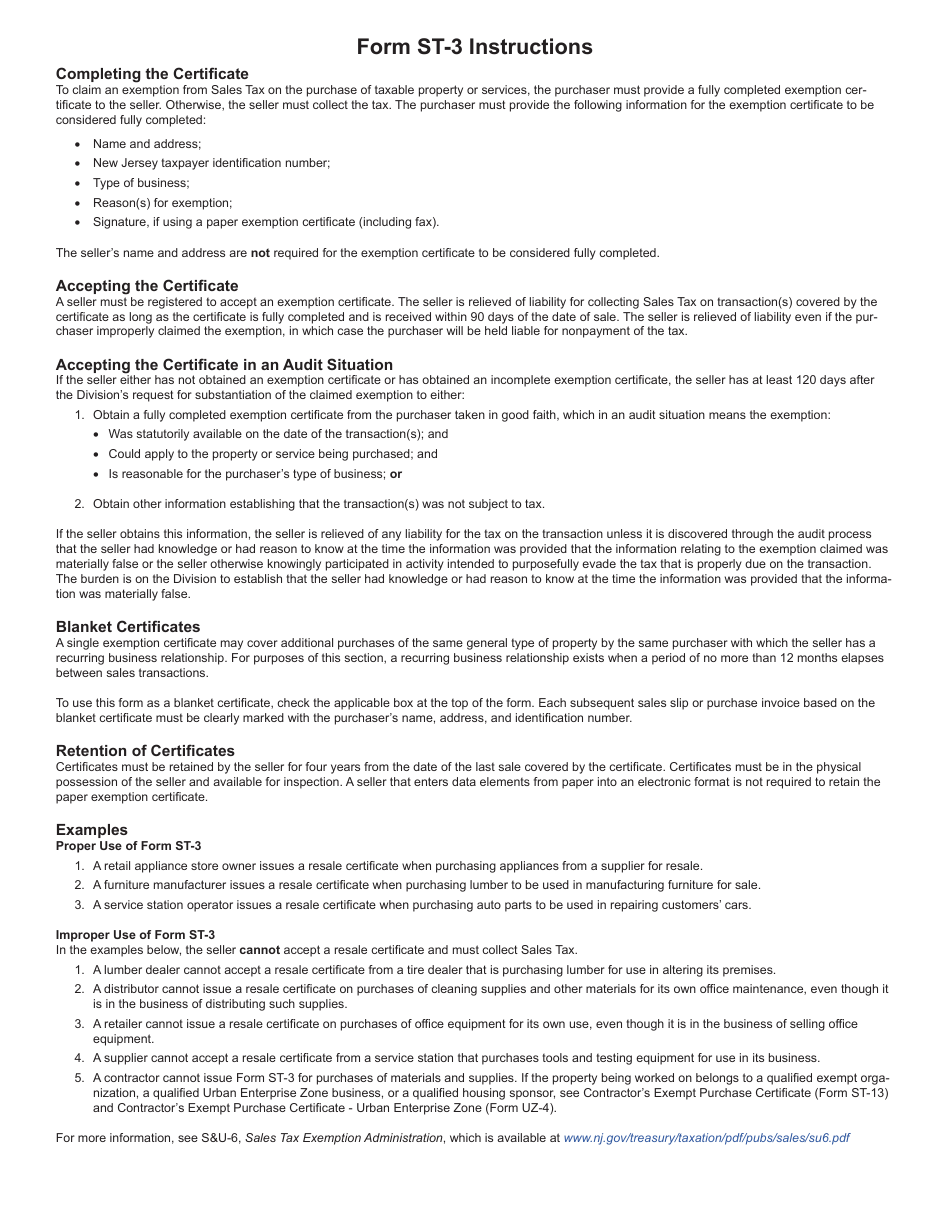 Form St 3 Download Fillable Pdf Or Fill Online Sales Tax Resale Certificate New Jersey 2017 9479