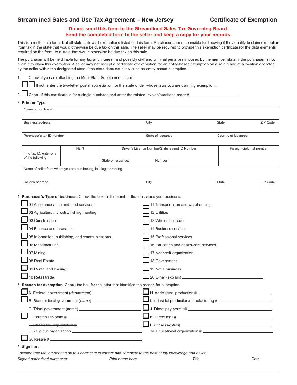 Streamlined Sales and Use Tax Agreement - Certificate of Exemption - New Jersey, Page 1