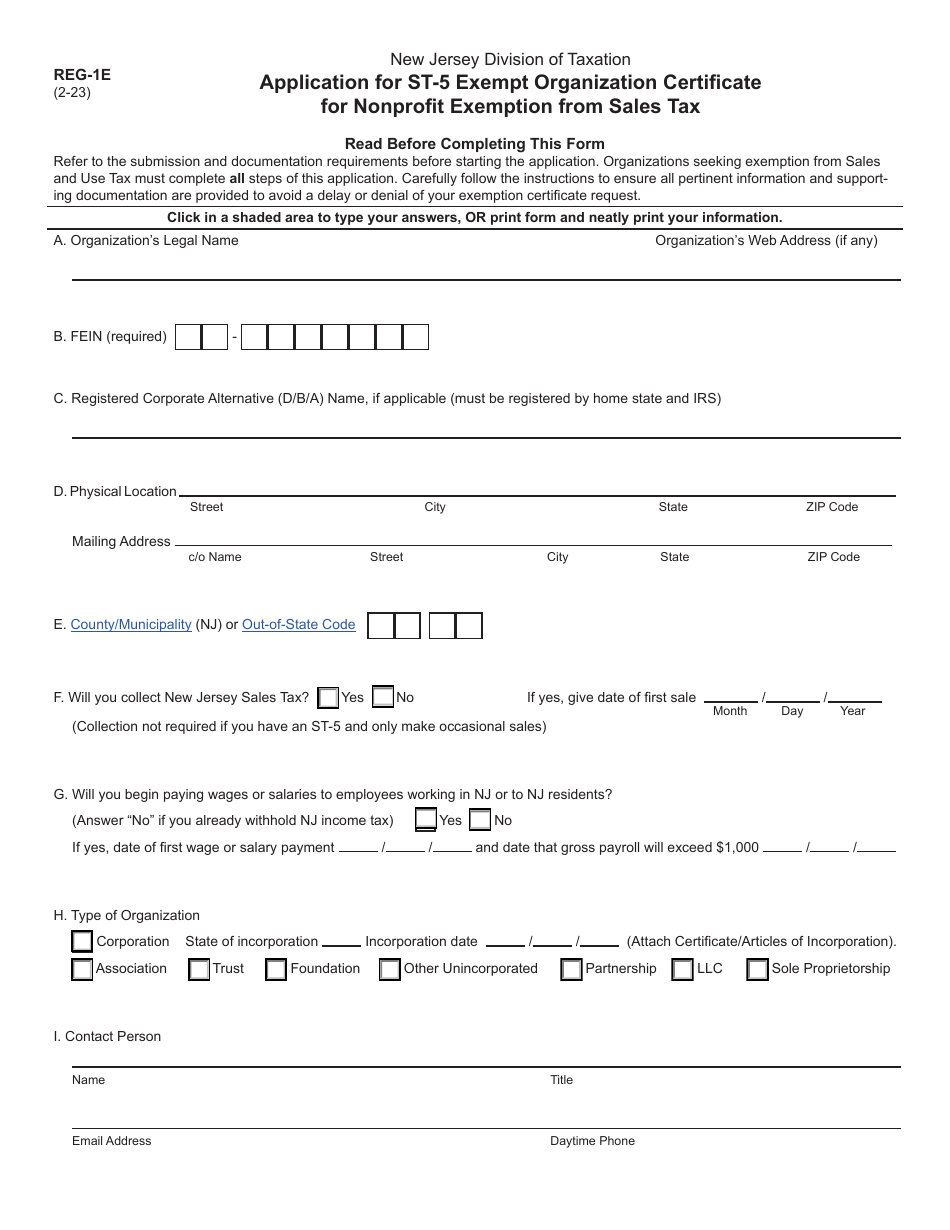 Form REG-1E Application for St-5 Exempt Organization Certificate for Nonprofit Exemption From Sales Tax - New Jersey, Page 1