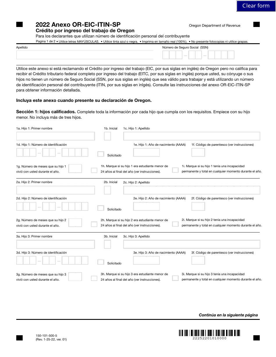 Formulario 150-101-500-5 Anexo OR-EIC-ITIN-SP Credito Por Ingreso Del Trabajo De Oregon - Oregon (Spanish), Page 1